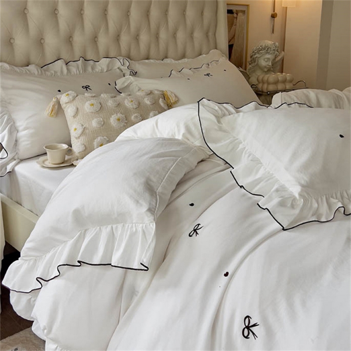 91家纺网 家纺一手货源 找家纺 （总）梦可莱 2023新款水洗棉蝴蝶结花边刺绣四件套