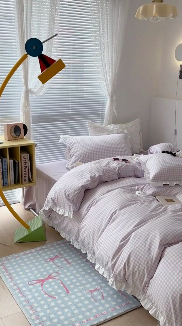 91家纺网 家纺一手货源 找家纺 昔可家纺 2023新款全棉花边款小格子四件套 梦幻紫格