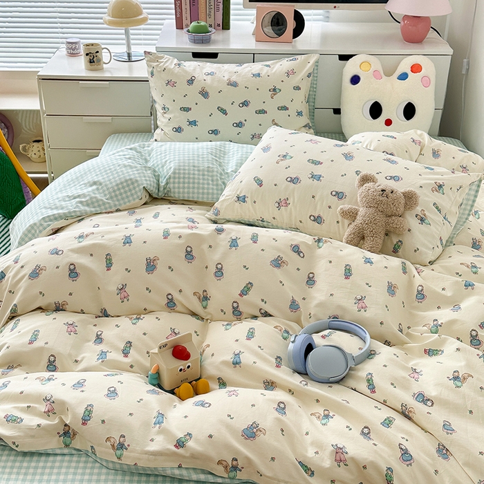 91家纺网 家纺一手货源 找家纺 昔可家纺 2023新款全棉卡通动物印花四件套 蓝色爱丽丝兔