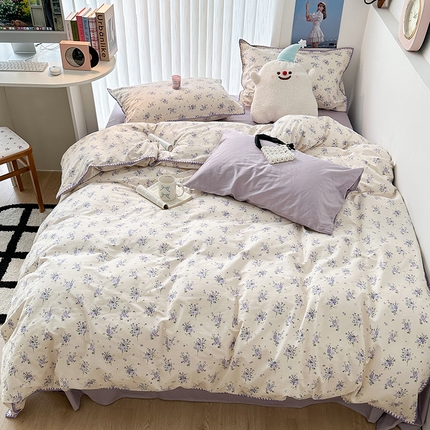 2023新款全棉印花贝壳三角针四件套 紫色花期