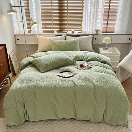 N先生 2023新款高克重雕花绒牛奶绒四件套 丽莎-绿
