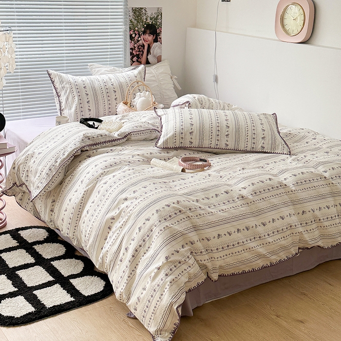 91家纺网 家纺一手货源 找家纺 2023新款全棉印花贝壳三角针四件套 紫色小玫瑰花