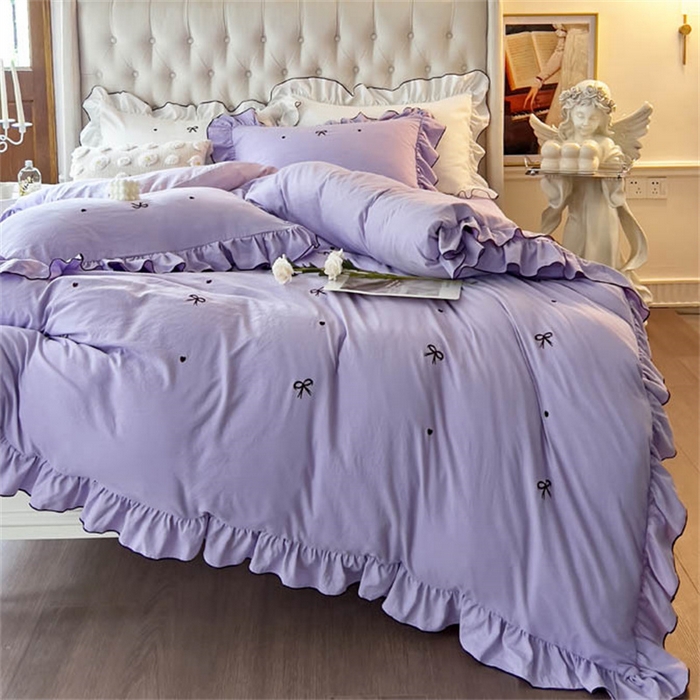 91家纺网 家纺一手货源 找家纺 梦可莱 2023新款水洗棉蝴蝶结花边刺绣四件套 蝴蝶结-紫