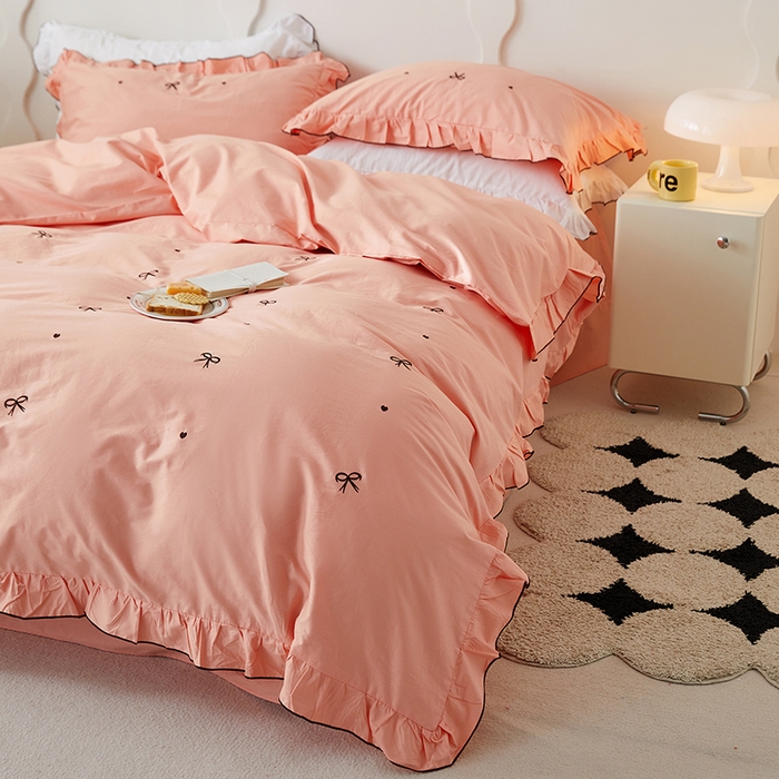 91家纺网 家纺一手货源 找家纺 梦可莱家居 2023新款韩版花边刺绣洛丽塔四件套 洛丽塔-浅玉色