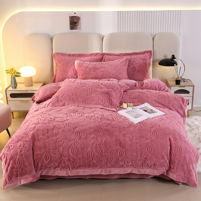 91家纺网 家纺一手货源 找家纺 代芙 2024新款高克重电商直播爆款11斤提花兔毛绒牛奶绒四件套 清雅-豆沙