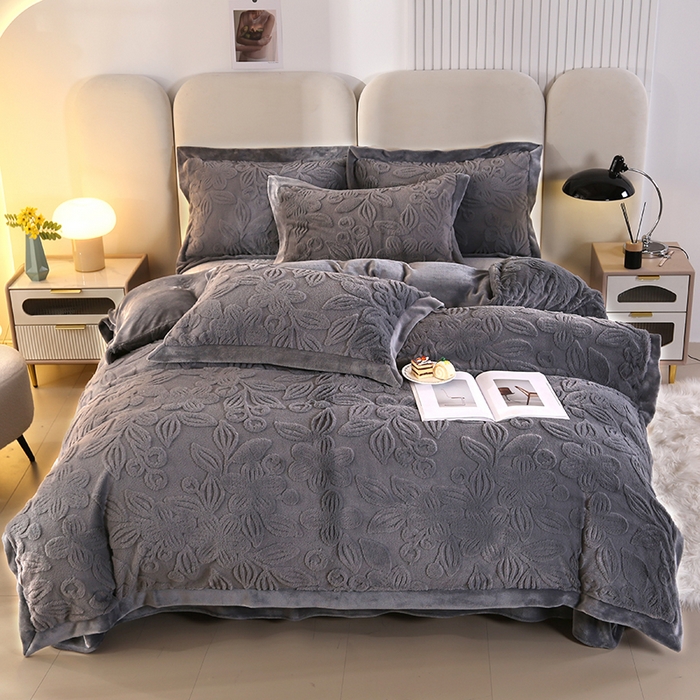 91家纺网 家纺一手货源 找家纺 代芙 2024新款高克重电商直播爆款11斤提花兔毛绒牛奶绒四件套 清雅-灰