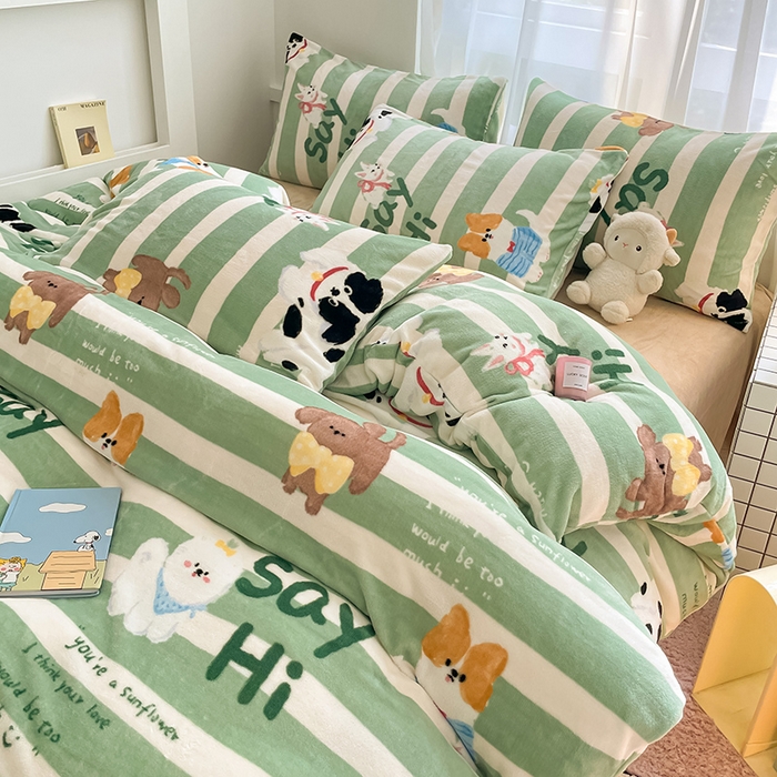 91家纺网 家纺一手货源 找家纺 桃子 2023新款ins小清新韩系可爱卡通奶油兔子加厚牛奶绒系列四件套详情第三批 绒-狗狗派对