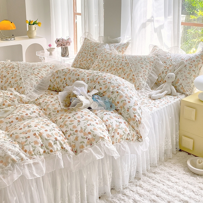 91家纺网 家纺一手货源 找家纺 罗艺轩家纺2024新款全棉蕾丝夹棉床裙忆江南系列-四件套 忆江南~花千朵