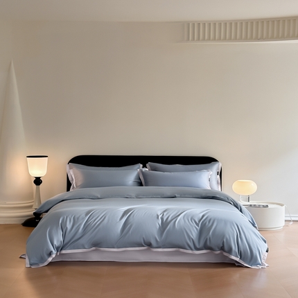 91家纺网 家纺一手货源 找家纺 618家纺2023新款180支长绒棉高支贡缎四件套 安迪-灰蓝浅紫