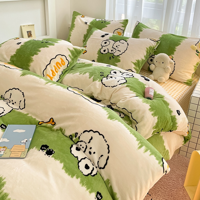 91家纺网 家纺一手货源 找家纺 桃子 2023新款ins小清新韩系可爱卡通奶油兔子加厚牛奶绒系列四件套详情第三批 绒-呆萌绿小狗