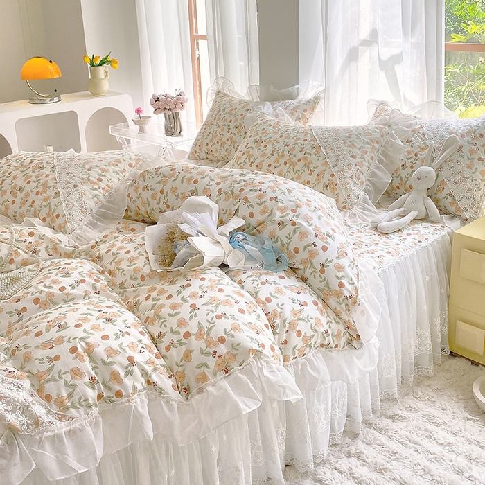 91家纺网 家纺一手货源 找家纺 罗艺轩家纺2024新款全棉蕾丝夹棉床裙忆江南系列-四件套 忆江南~花千朵