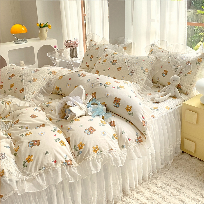 91家纺网 家纺一手货源 找家纺 （总）罗艺轩家纺2024新款全棉蕾丝夹棉床裙忆江南系列-四件套