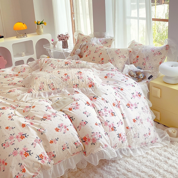 91家纺网 家纺一手货源 找家纺 罗艺轩家纺2024新款全棉蕾丝夹棉床裙忆江南系列-四件套 忆江南~小时光