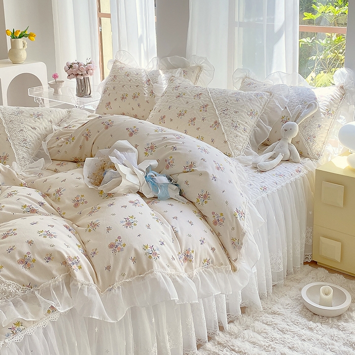 91家纺网 家纺一手货源 找家纺 罗艺轩家纺2024新款全棉蕾丝夹棉床裙忆江南系列-四件套 忆江南~清韵幽香