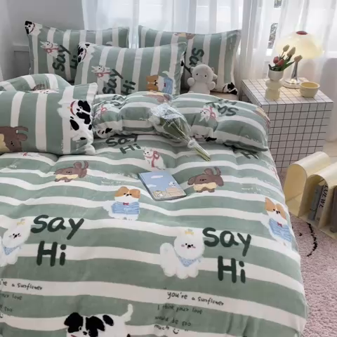 91家纺网 家纺一手货源 找家纺 桃子 2023新款ins小清新韩系可爱卡通奶油兔子加厚牛奶绒系列四件套详情第三批 绒-狗狗派对