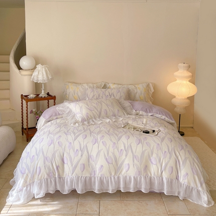 玛奇朵2023新款秋冬新品5D立体雕花牛奶绒四件套 郁金香-紫