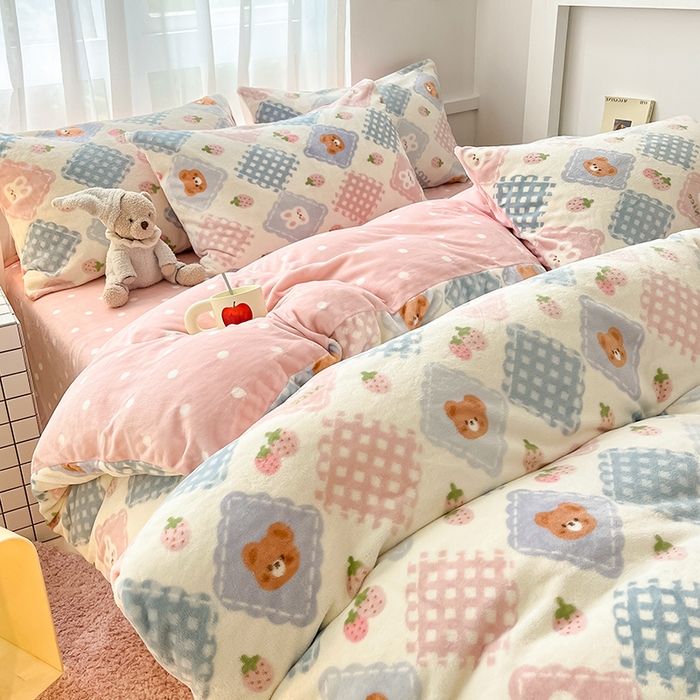 91家纺网 家纺一手货源 找家纺 桃子 2023新款ins小清新韩系可爱卡通奶油兔子加厚牛奶绒系列四件套详情第三批 绒-浣溪