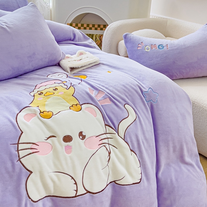 91家纺网 家纺一手货源 找家纺 米瑞娜 2024新款贴布绣牛奶绒四件套 好伙伴-紫