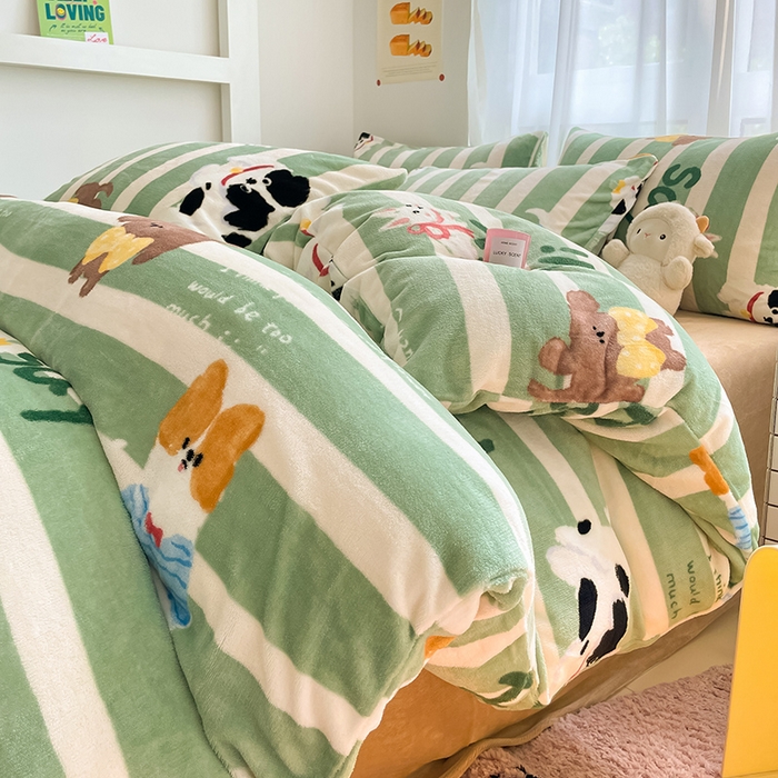 91家纺网 家纺一手货源 找家纺 桃子 2023新款ins小清新韩系可爱卡通奶油兔子加厚牛奶绒系列四件套详情第三批 绒-狗狗派对