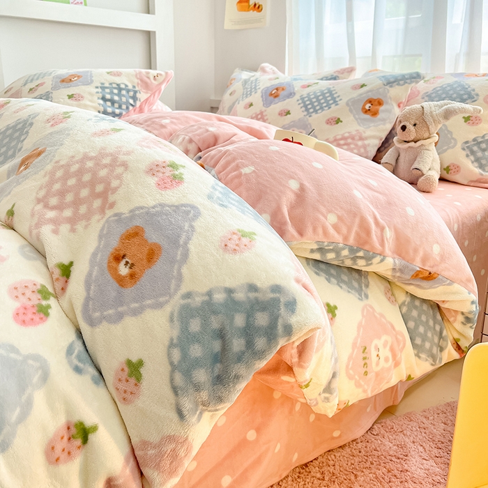 91家纺网 家纺一手货源 找家纺 桃子 2023新款ins小清新韩系可爱卡通奶油兔子加厚牛奶绒系列四件套详情第三批 绒-浣溪