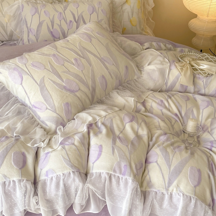 91家纺网 家纺一手货源 找家纺 玛奇朵2023新款秋冬新品5D立体雕花牛奶绒四件套 郁金香-紫