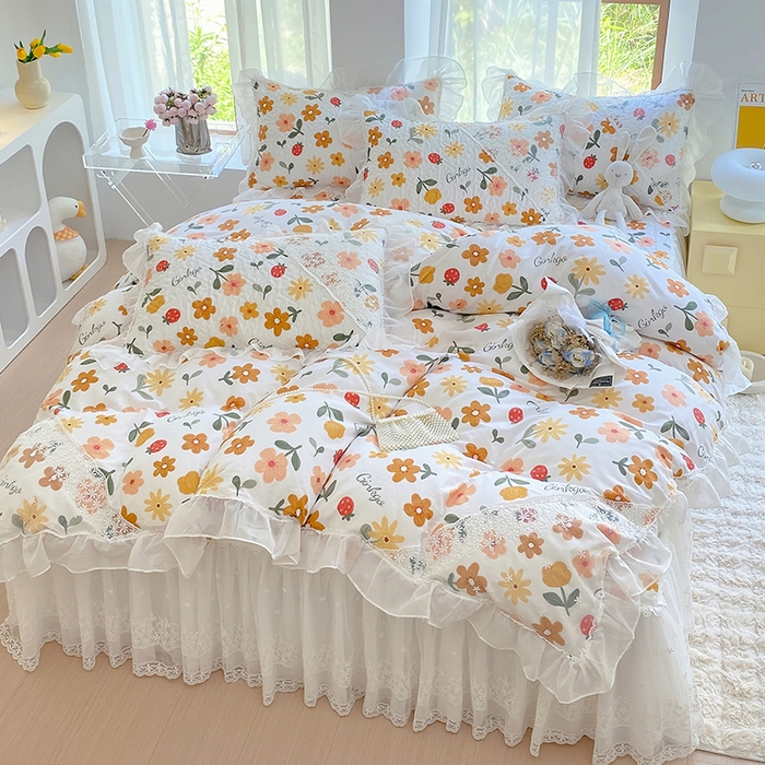 91家纺网 家纺一手货源 找家纺 罗艺轩家纺2024新款全棉蕾丝夹棉床裙忆江南系列-四件套 忆江南~春意