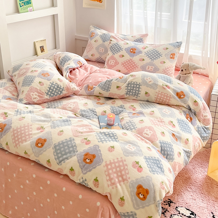 91家纺网 家纺一手货源 找家纺 桃子 2023新款ins小清新韩系可爱卡通奶油兔子加厚牛奶绒系列四件套详情第三批 绒-浣溪