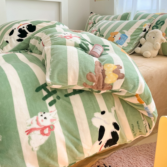 91家纺网 家纺一手货源 找家纺 桃子 2023新款ins小清新韩系可爱卡通奶油兔子加厚牛奶绒系列四件套详情第三批 绒-狗狗派对