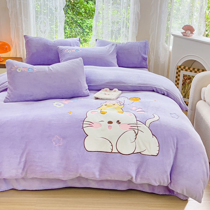 91家纺网 家纺一手货源 找家纺 米瑞娜 2024新款贴布绣牛奶绒四件套 好伙伴-紫