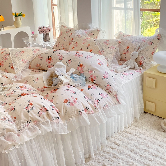 91家纺网 家纺一手货源 找家纺 罗艺轩家纺2024新款全棉蕾丝夹棉床裙忆江南系列-四件套 忆江南~小时光