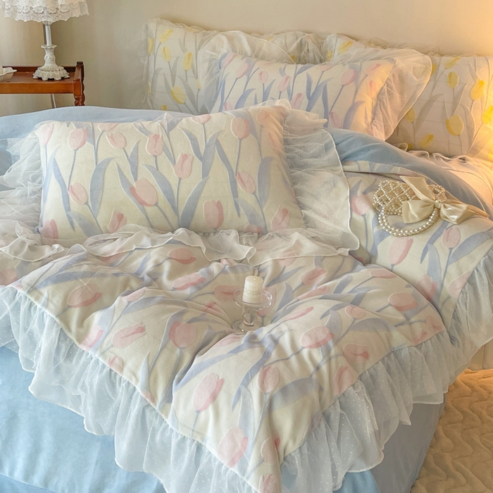 91家纺网 家纺一手货源 找家纺 玛奇朵2023新款秋冬新品5D立体雕花牛奶绒四件套 郁金香-蓝