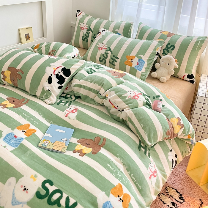 91家纺网 家纺一手货源 找家纺 桃子 2023新款ins小清新韩系可爱卡通奶油兔子加厚牛奶绒系列四件套详情第三批 绒-狗狗派对