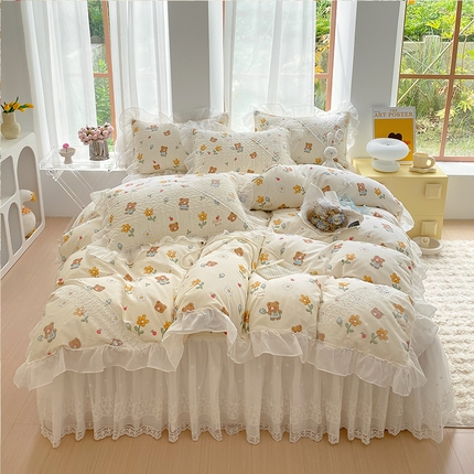 罗艺轩家纺2024新款全棉蕾丝夹棉床裙忆江南系列-四件套 忆江南~安妮小熊