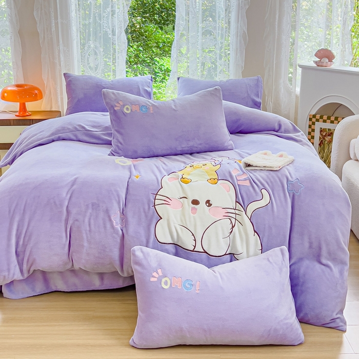 91家纺网 家纺一手货源 找家纺 米瑞娜 2024新款贴布绣牛奶绒四件套 好伙伴-紫