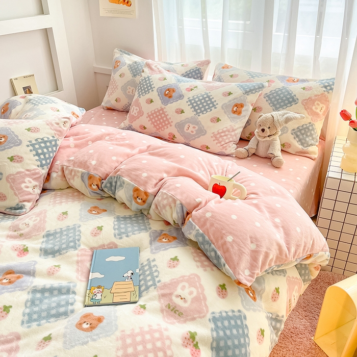 91家纺网 家纺一手货源 找家纺 桃子 2023新款ins小清新韩系可爱卡通奶油兔子加厚牛奶绒系列四件套详情第三批 绒-浣溪