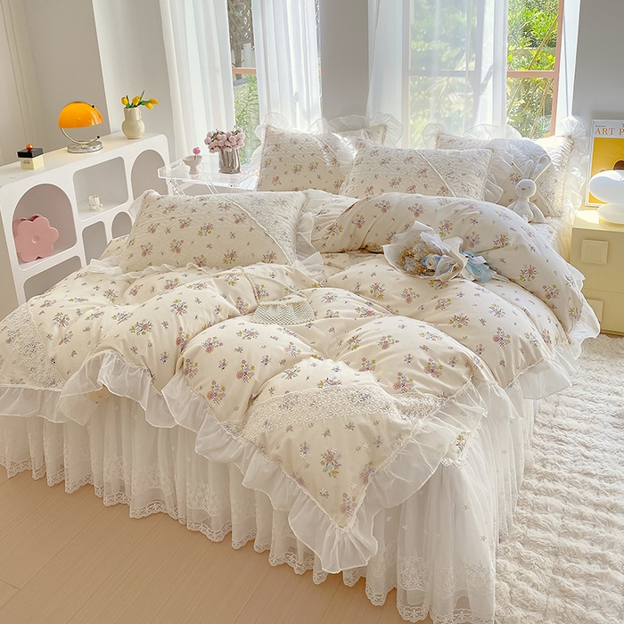 91家纺网 家纺一手货源 找家纺 罗艺轩家纺2024新款全棉蕾丝夹棉床裙忆江南系列-四件套 忆江南~清韵幽香