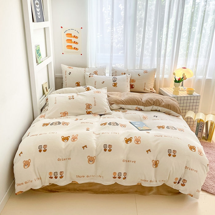 91家纺网 家纺一手货源 找家纺 桃子 2023新款ins小清新韩系可爱卡通奶油兔子加厚牛奶绒系列四件套详情第三批 绒-可妮乐园