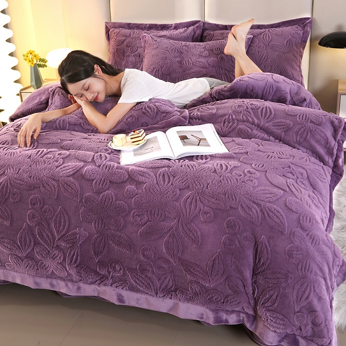 91家纺网 家纺一手货源 找家纺 代芙 2024新款高克重电商直播爆款11斤提花兔毛绒牛奶绒四件套 清雅-紫