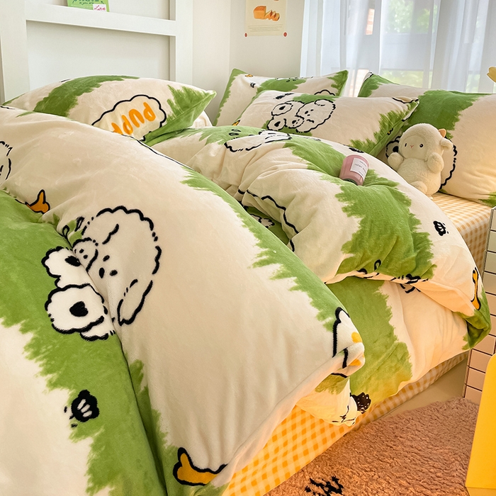 91家纺网 家纺一手货源 找家纺 桃子 2023新款ins小清新韩系可爱卡通奶油兔子加厚牛奶绒系列四件套详情第三批 绒-呆萌绿小狗