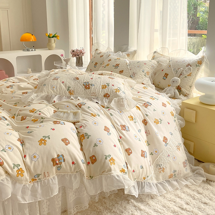 91家纺网 家纺一手货源 找家纺 （总）罗艺轩家纺2024新款全棉蕾丝夹棉床裙忆江南系列-四件套