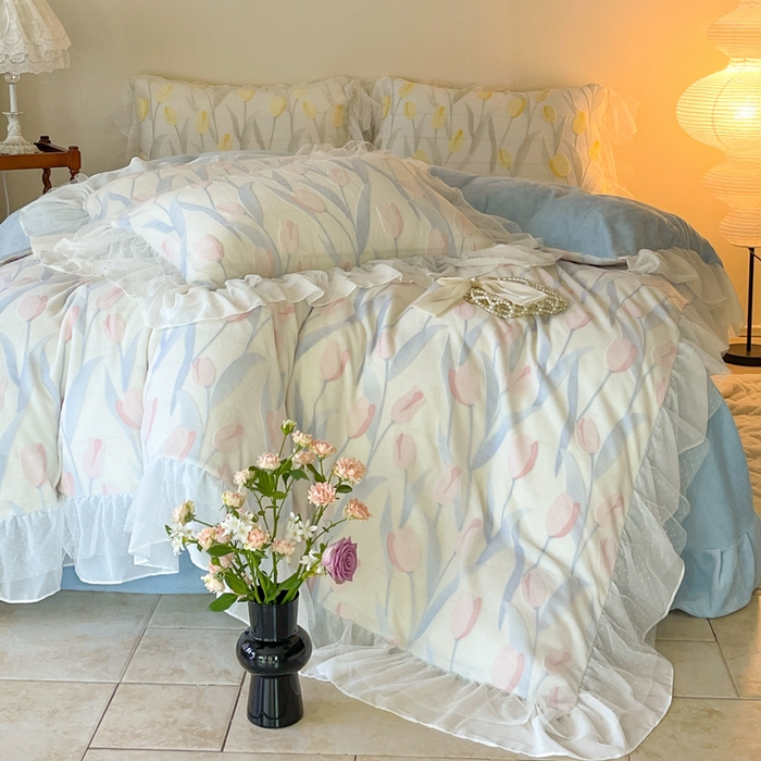 91家纺网 家纺一手货源 找家纺 玛奇朵2023新款秋冬新品5D立体雕花牛奶绒四件套 郁金香-蓝