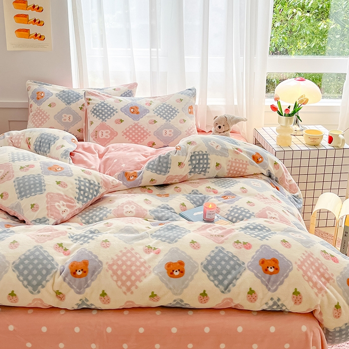 91家纺网 家纺一手货源 找家纺 桃子 2023新款ins小清新韩系可爱卡通奶油兔子加厚牛奶绒系列四件套详情第三批 绒-浣溪