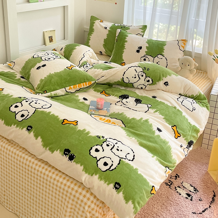 91家纺网 家纺一手货源 找家纺 桃子 2023新款ins小清新韩系可爱卡通奶油兔子加厚牛奶绒系列四件套详情第三批 绒-呆萌绿小狗