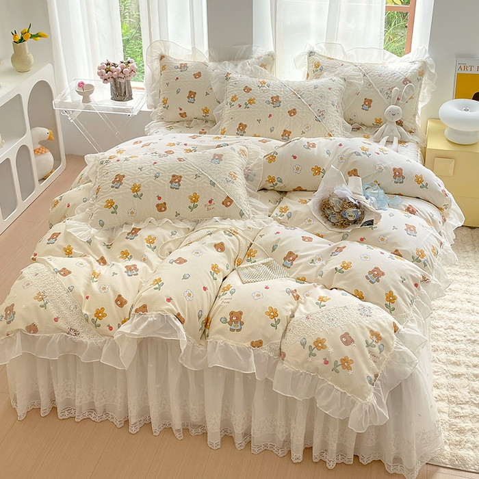 91家纺网 家纺一手货源 找家纺 （总）罗艺轩家纺2024新款全棉蕾丝夹棉床裙忆江南系列-四件套