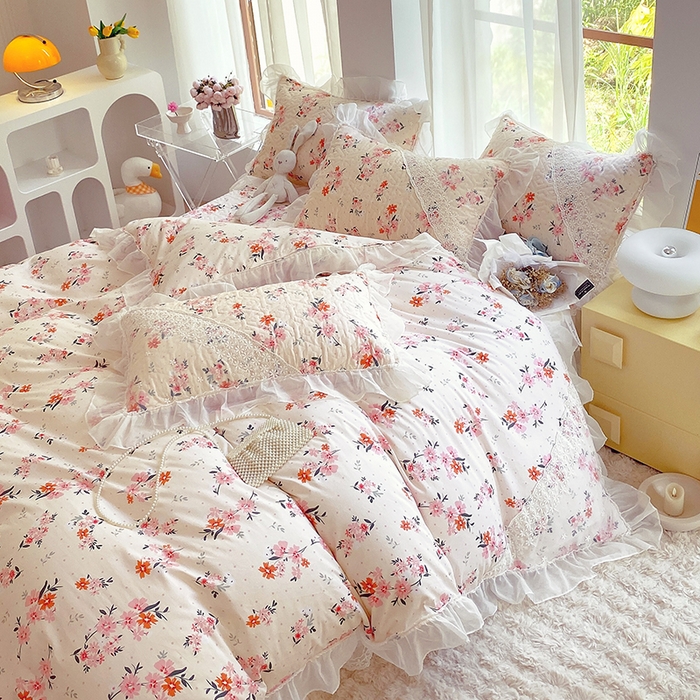 91家纺网 家纺一手货源 找家纺 罗艺轩家纺2024新款全棉蕾丝夹棉床裙忆江南系列-四件套 忆江南~小时光