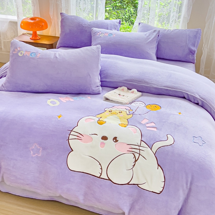 91家纺网 家纺一手货源 找家纺 米瑞娜 2024新款贴布绣牛奶绒四件套 好伙伴-紫