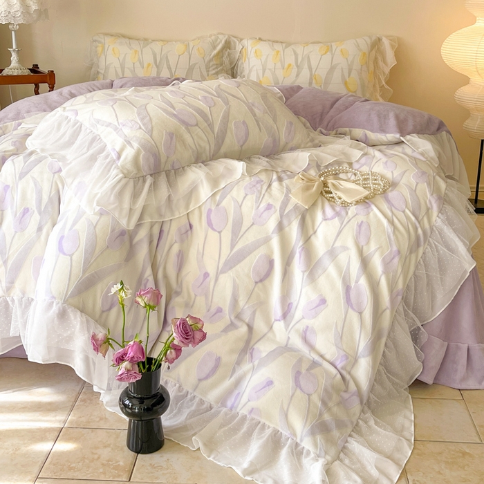 91家纺网 家纺一手货源 找家纺 玛奇朵2023新款秋冬新品5D立体雕花牛奶绒四件套 郁金香-紫