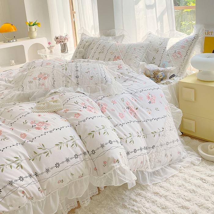 91家纺网 家纺一手货源 找家纺 罗艺轩家纺2024新款全棉蕾丝夹棉床裙忆江南系列-四件套 忆江南~清新雅韵