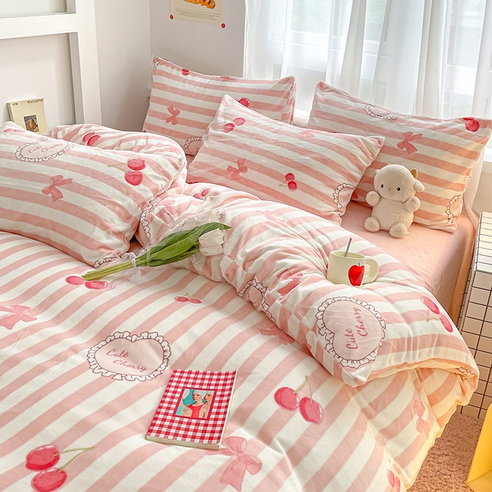 91家纺网 家纺一手货源 找家纺 桃子 2023新款ins小清新韩系可爱卡通奶油兔子加厚牛奶绒系列四件套详情第三批 绒-可爱樱桃