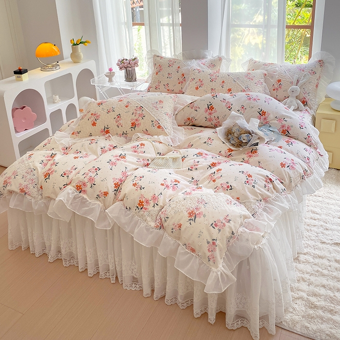 91家纺网 家纺一手货源 找家纺 罗艺轩家纺2024新款全棉蕾丝夹棉床裙忆江南系列-四件套 忆江南~小时光